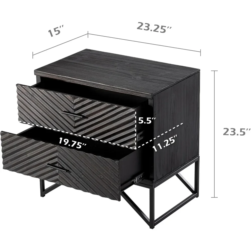 2-piece Modern 2-drawer Bedside Table, Modern Line Decorative End Table, Black Metal Base, Damaged Black Bedroom Furniture