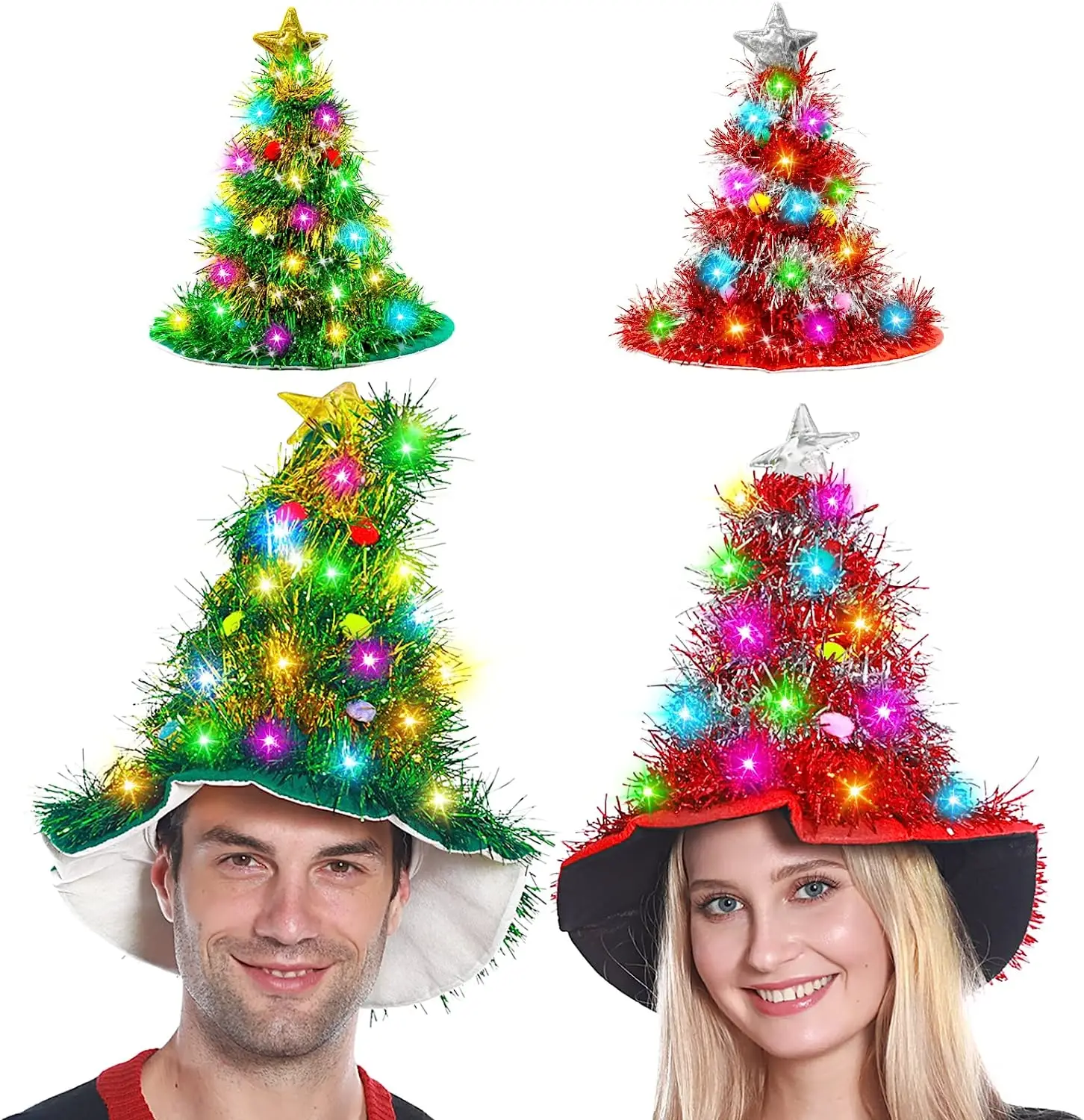 Adults Kids Blinking Glowing Christmas Tree  Hats Santa Hat with Tinsel LED Colorful Lights Star New Year Costume