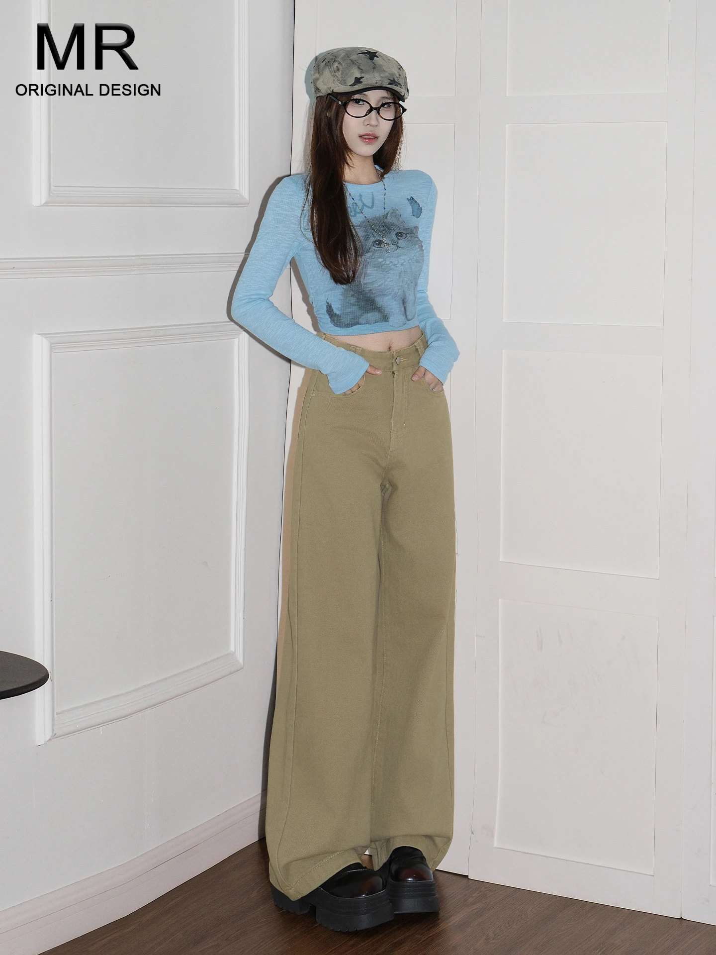 

Женские джинсы цвета хаки в американском ретро-стиле с высокой талией, широкими штанинами, свободного прямого кроя, длиной в пол, повседневные, весна-лето, новинка