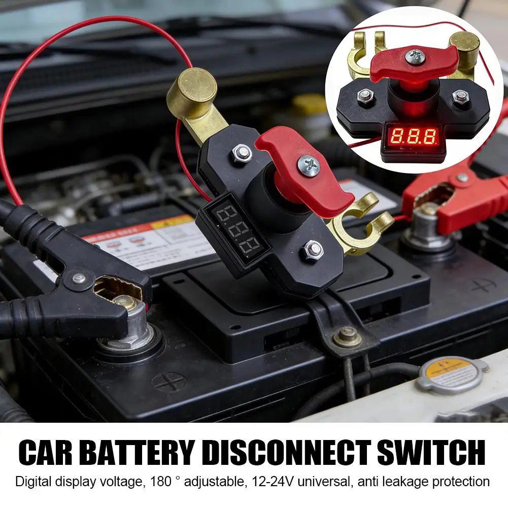 Car Battery Disconnect Switch with LED Digital Display 12-24V Bidirectional Rotating Power Cut Off, Universal Side Post