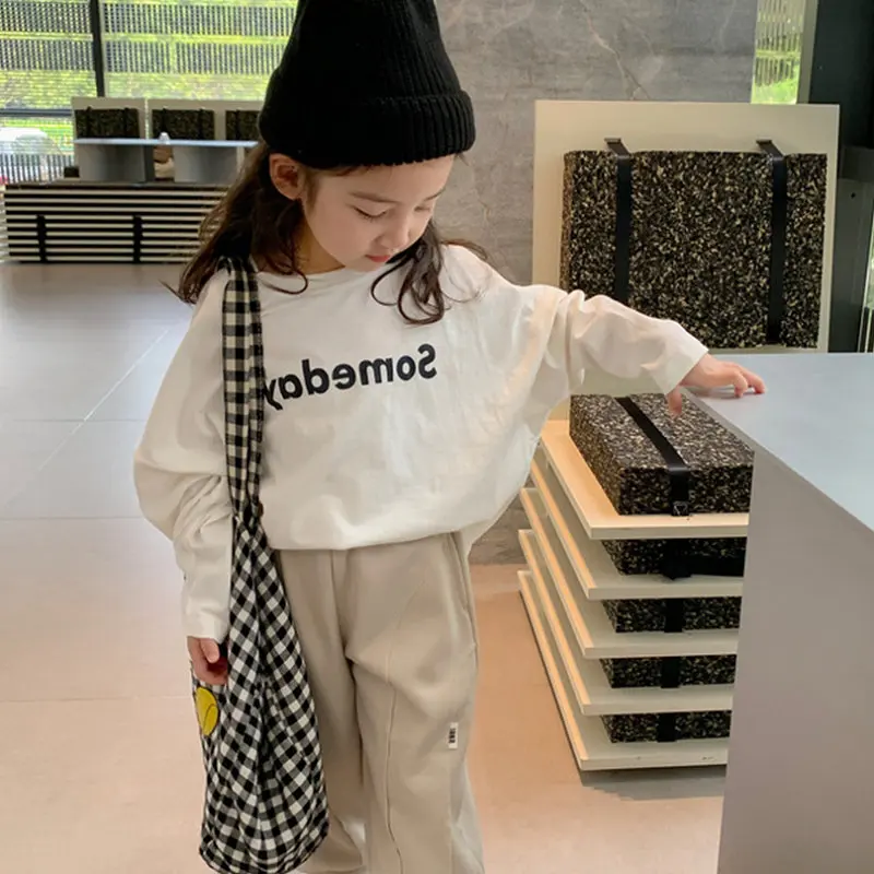 Boys and Girls T-shirts with Letter Off Shoulder Sleeves Casual Hoodie 2025 Spring and Autumn Styles Top New for Ages 3-7Y
