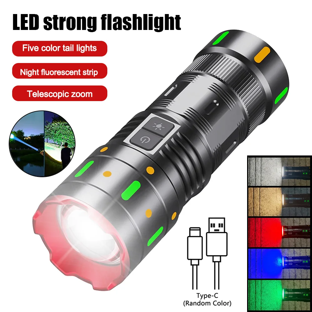 5in1 Super Bright Flashlight Zoom Geen/Blue/Red/Yellow/White Light Rechargeable Multi-function  Led Long-range Spotlight Torch