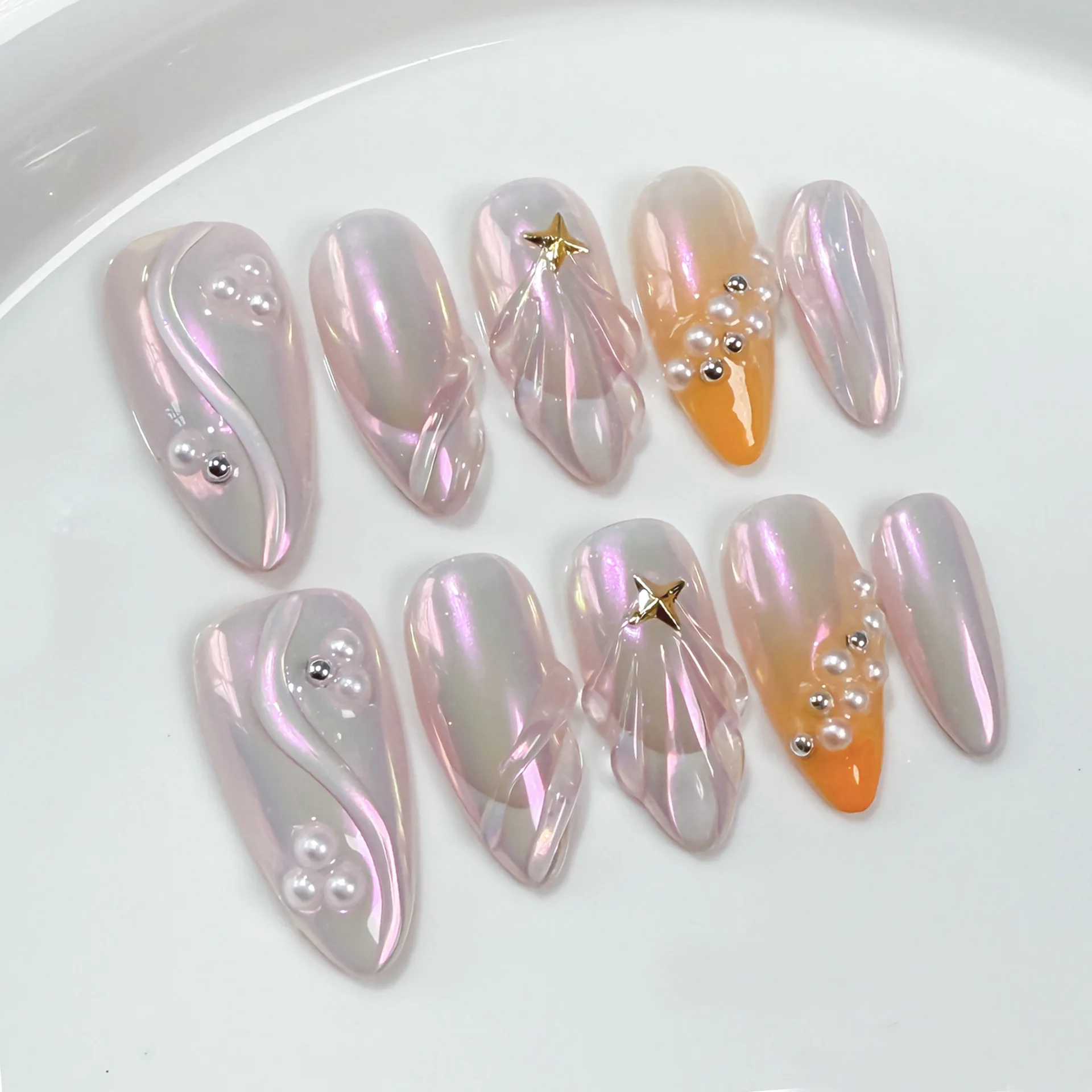 

10Pcs 3D Starburst Pearl Fake Nails Press on Mid-length Almond Handmade False Nails Orange Gradient French Wearable Manicure Tip