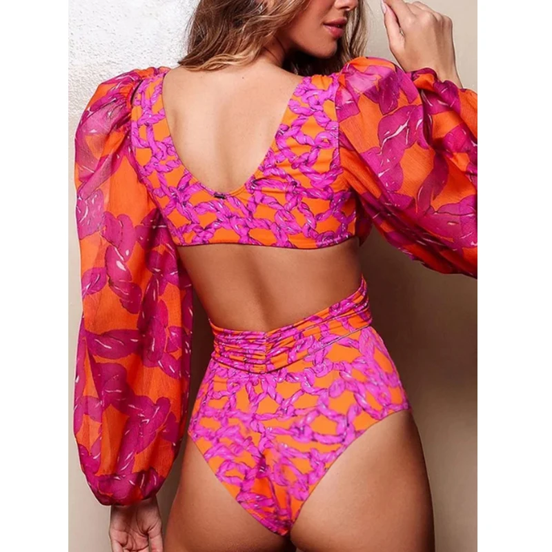 2023 New Fashion Swimsuit Bikini and Skirt Summer Women Cross Design Long Sleeve Swimwear Print Luxury Elegant Bathing Suit