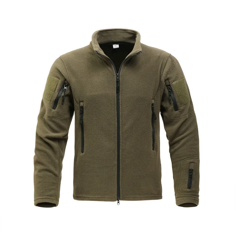 Men's Tactical Fleece Jacket Stand Collar Full Zip Multi‑Pocket Polar Fleece Coat Outdoor Thick Warm Casual Outerwear