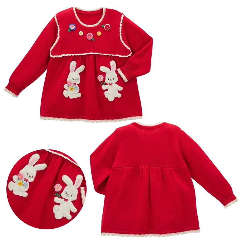 Cartoon Bunny Knit Sweater for Girls Cute  Rabbit and Floral Pattern Japanese Style Thick Knitted Top for Autumn Winter