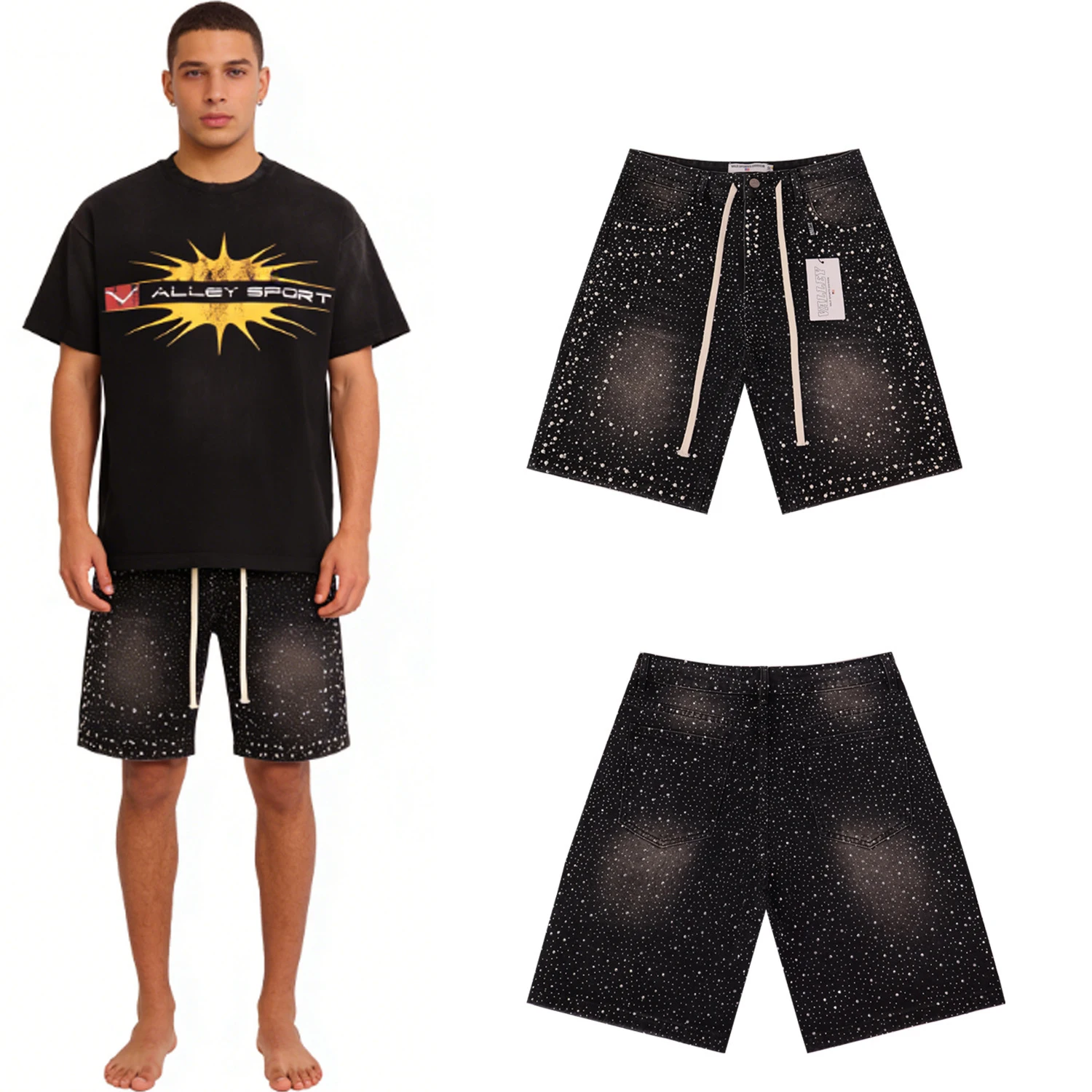 

Мужские джинсовые шорты с жемчужными бусинами, свободные, с эффектом потертости, в стиле Harajuku, широкие, мешковатые, оверсайз, джинсовые бриджи до колен