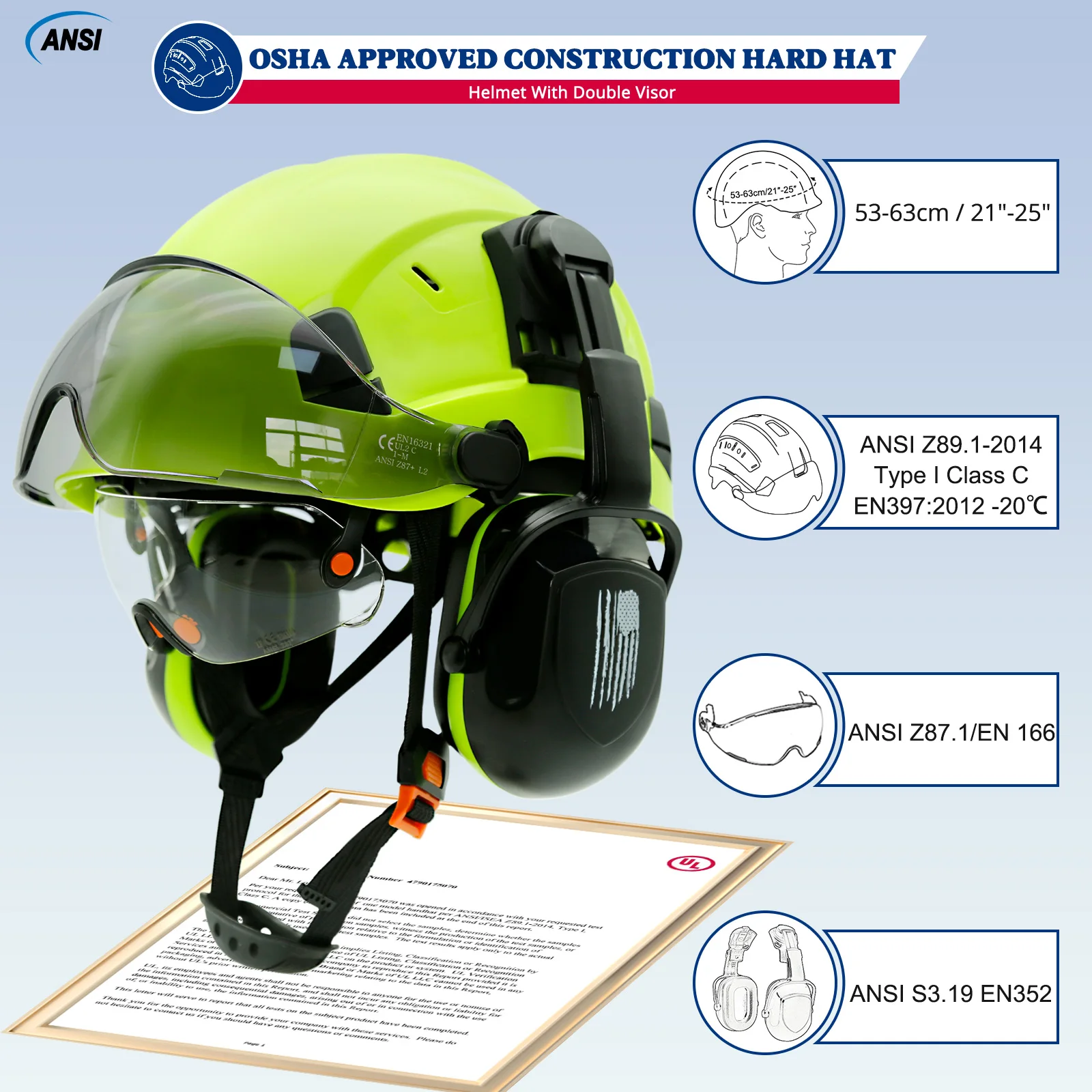 Safety Helmet With Visors Built In Goggles Contrast Color Earmuff Noise Reduction for Engineer Hard Hat ANSI Industrial Work Cap