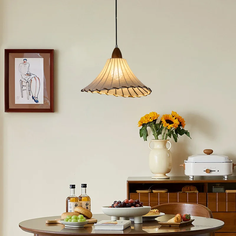 French Vintage Linen Fabric LED Pendant Lamps Atmosphere Restaurant Chandelier Cafe Bedroom Study Eye Protection Hanging Lights