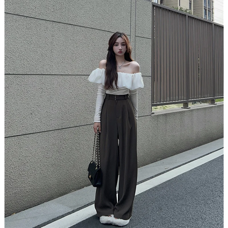 High Waist Women Suit Pants Summer Casual Straight Trouser Solid Black Wide Leg Pants Off Shoulder White Top Office Ladies Pants