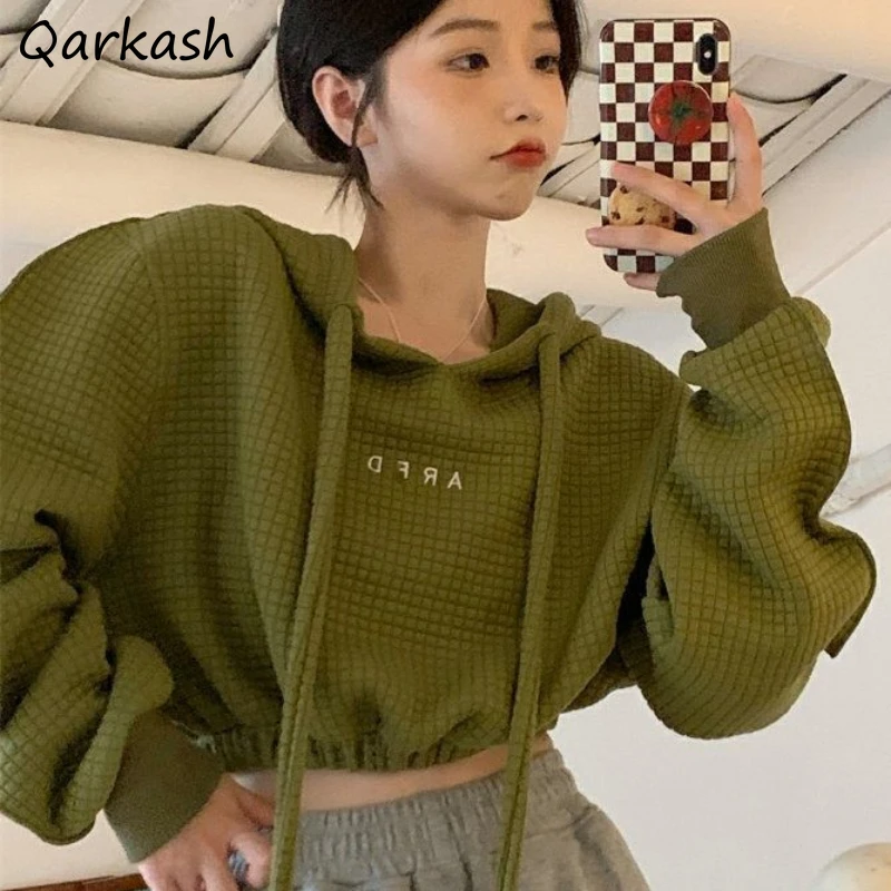 

Loose Hoodies Women Solid Short Students New Autumn Clothing Drawstring All-match Young Fashion Korean Style Streetwear Chic