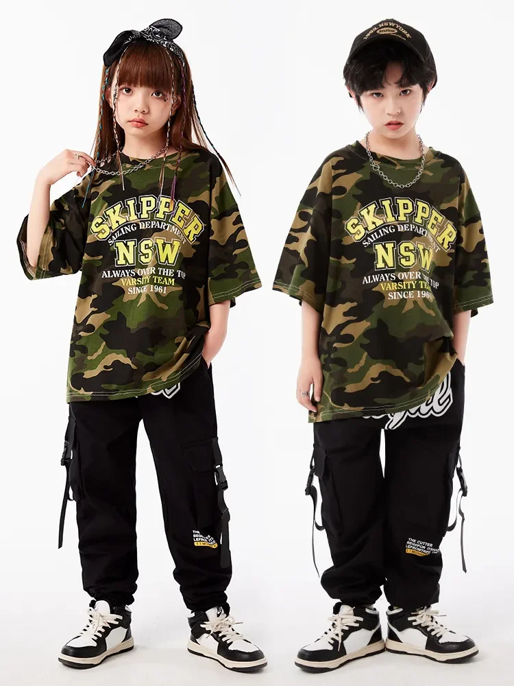 Girls Boys Teenage Jazz Dance Costume Clothes Kids Hip Hop Clothing Showing Outfits Camo Tshirt  Black Cargo Joggers Pants for