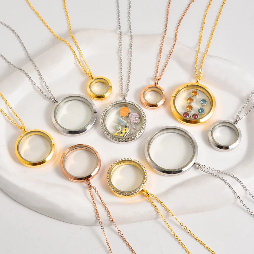 1Pc Stainless Steel Openable Glass Medaillon Coin Holder Collar Jewelry Round Reliquary Photo Floating Locket Pendant Necklaces