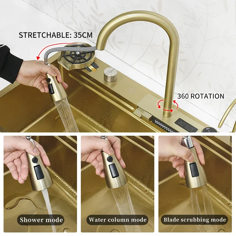 Waterfall Kitchen Sink Gold 304 Stainless Steel Nano Handmade Multifuctional Sink Waterfall Faucet Above Counter/Apron Front