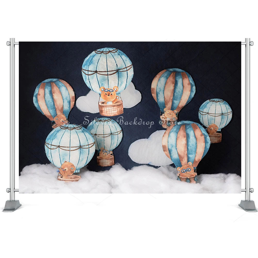 Twilight Balloon Ride Photo Background Adventure Blue Hot Air Balloon Photography Backdrop Birthday Cake Smash Photo Studio Prop