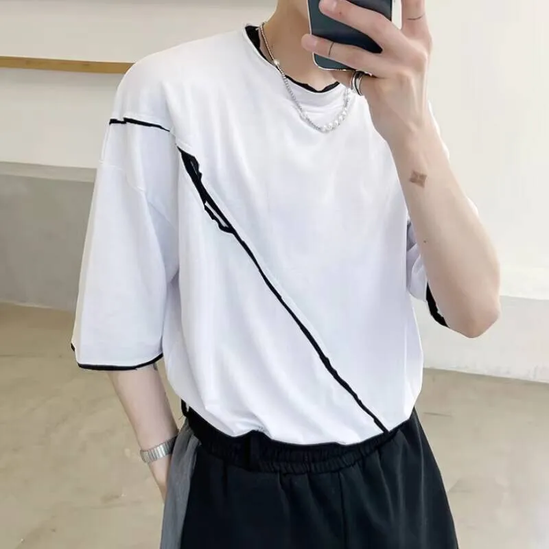 Loose Color Summer Splicing Sleeves Short Personality Men's Trend Korean Version Of The Simple Dividing Line Large Size T-Shirt