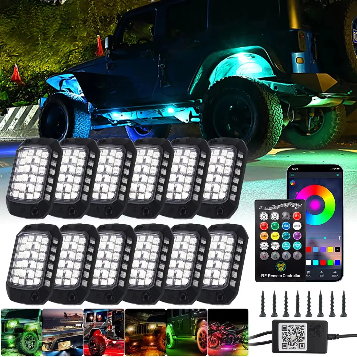 

Rock Lights Remote APP Control RGB 3D Lens LED for Offroad RZR SUV ATV UTV Jeep Neon Underbody Undergolw Car Chassis Light