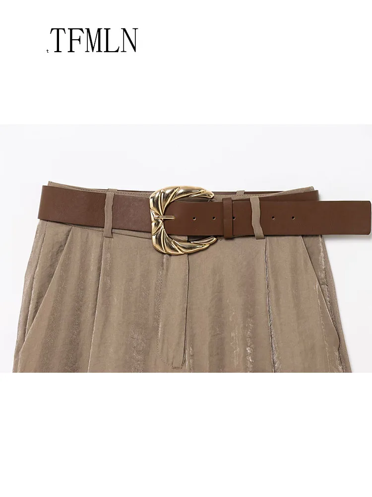 TFMLN Mode Frauen Feste Breite Bein Hose Mit Gürtel 2025, Sommer Chic Kausalen Zipper Volle Hosen Einfache Weibliche High Street Hosen