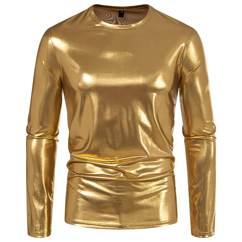 Men's Shiny Metallic T-Shirts Casual O Neck Long Sleeve Top Tees New Fashion Gold Stage Costume Disco Party NightClub Tee