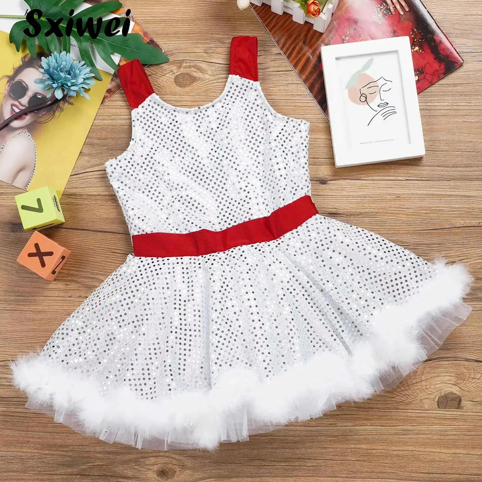 Kids Girls Christmas Ballet Lyrical Dance Costume Sleeveless Sequins Tutu Leotard Gymnastics Figure Skating Twirling Dress