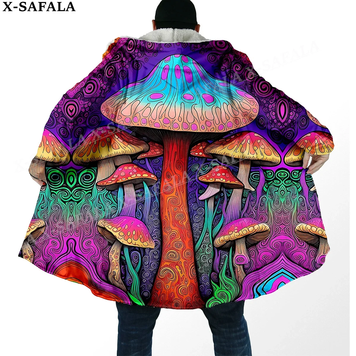 

Trippy Psychedelic Mushroom Fungus 3D Print Dream Cloak Thick Warm Hooded Men Overcoat Coat Windproof Fleece Cape Robe Blanket-9