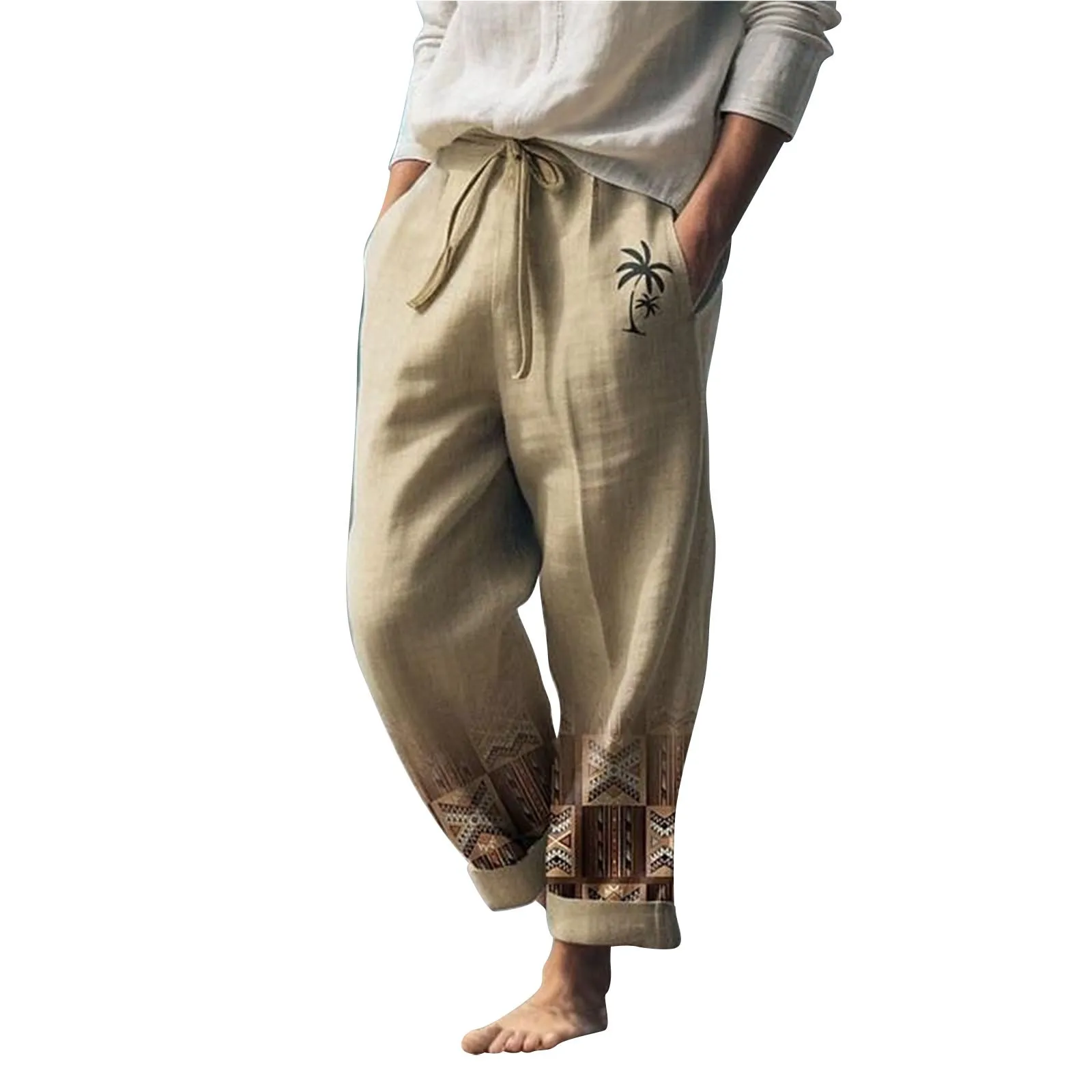 Men's Summer Beach Drawstring Elastic Waist Pattern Coconut Tree Pattern Breathable Soft Holiday Fashion Elastic Mens Pants