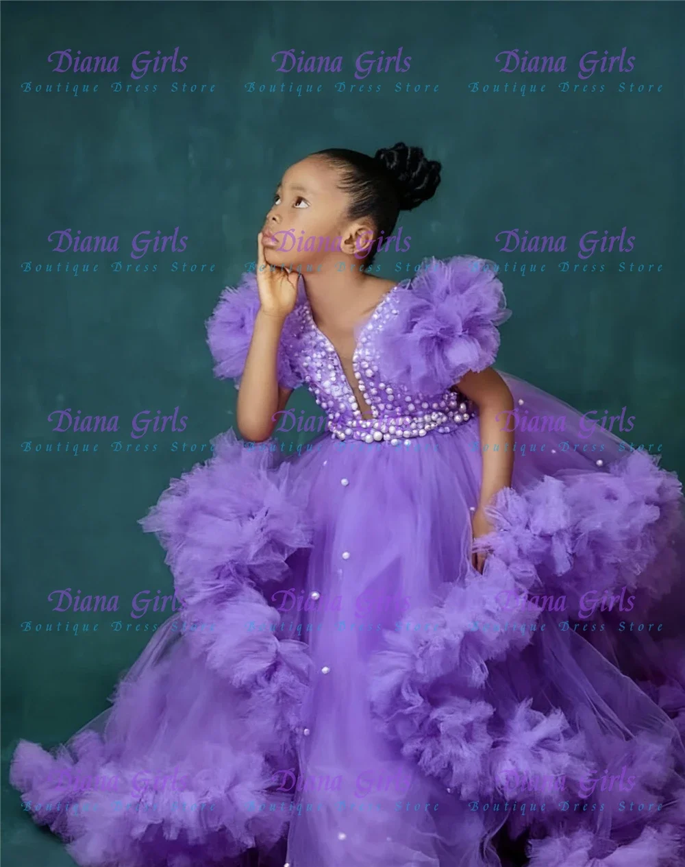

Gorgeous Purple Flower Girl Dress Tulle Fluffy with Pearl Applique for Wedding Little Girls Birthday Party Evening Ball Gowns