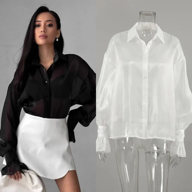 

Elegant See Through Button Down Shirt With Flare Cuffs Loose Long Sleeve Transparent Blouse For Women Spring City Chic Wardrobe