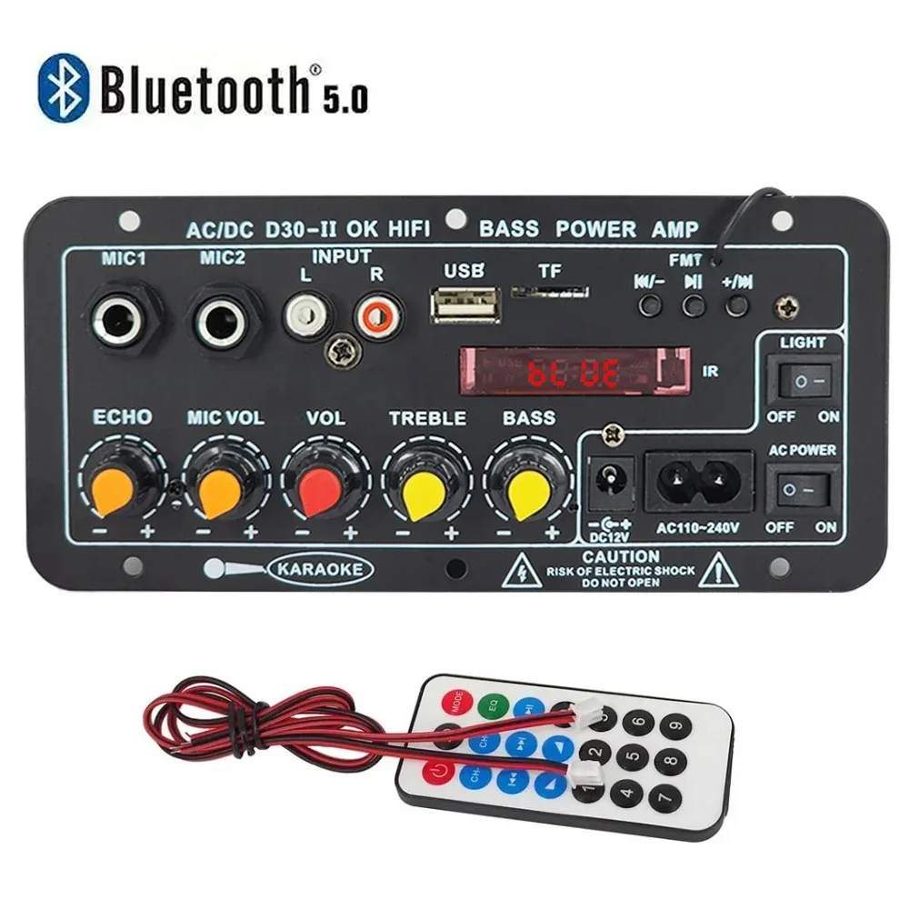 Bluetooth 5.0 Digital Amplifier Board With Reverb USB/TF/FM Dual MIC Input 220V/12V/24V Support For 10'' Speakers