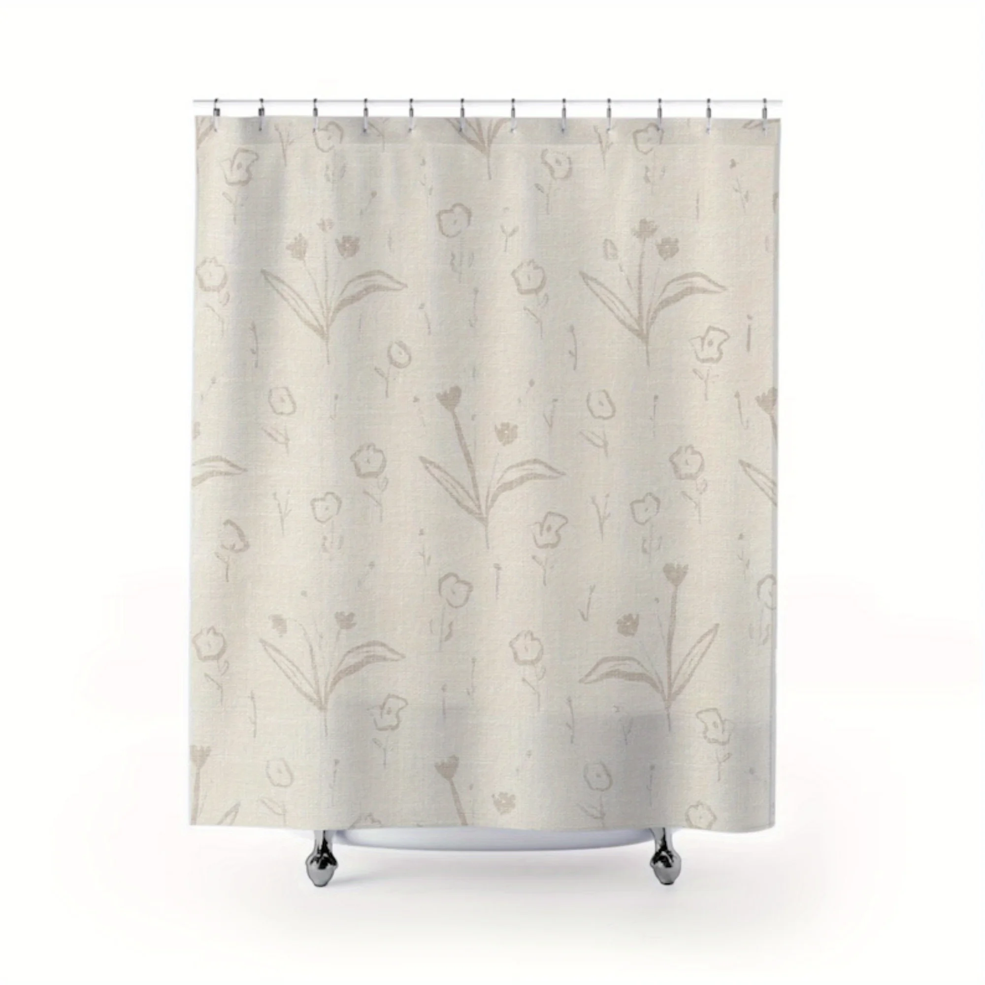 Beige Floral Shower Curtain Linen Style Botanical Pattern Waterproof Bath Curtain Minimalist Bathroom Decor Home Accessory