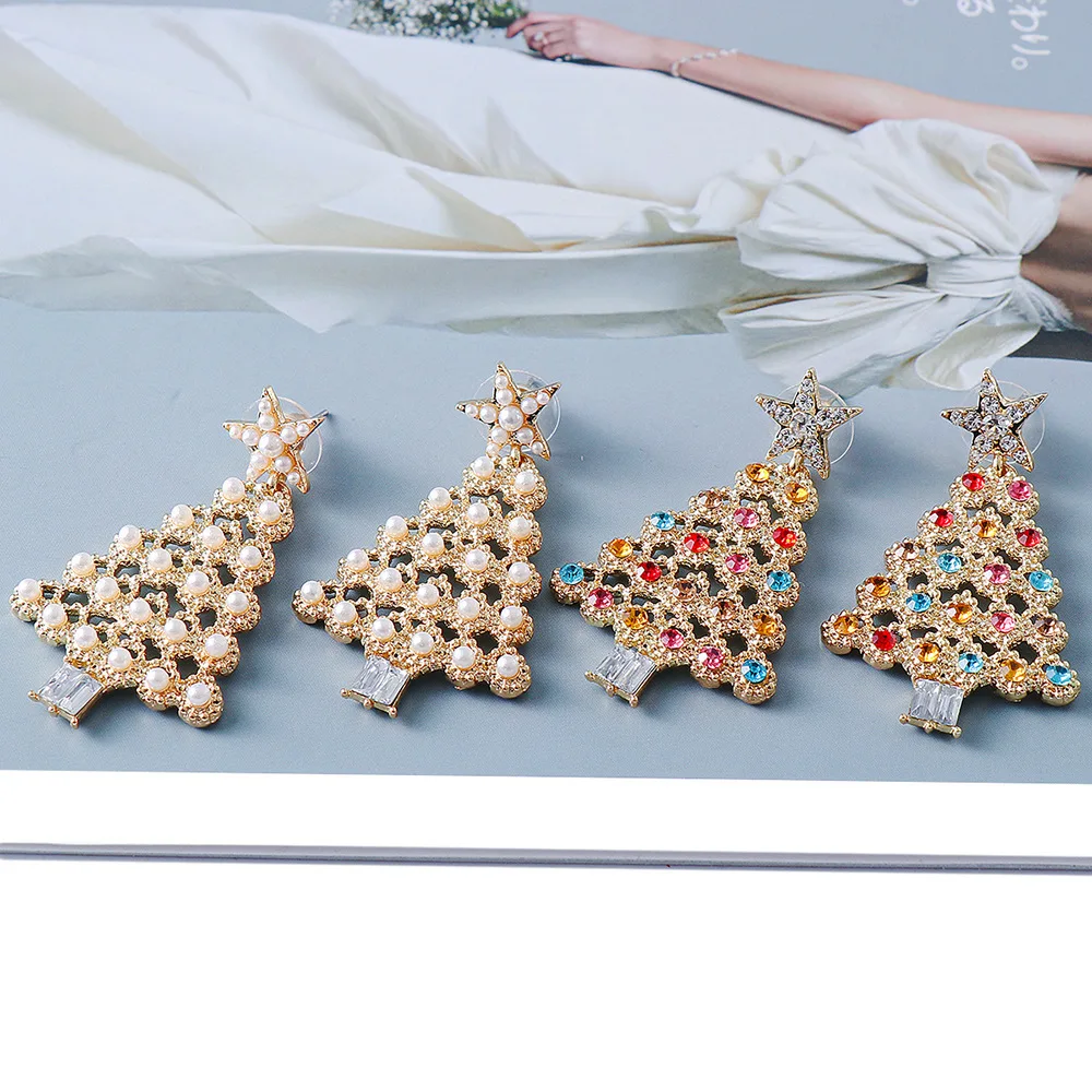 

Cross border new personality color diamond Christmas tree earrings