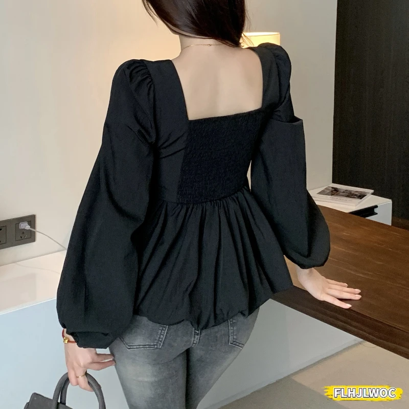 Belly Tunic Peplum Tops Blouses New Design Women Long Sleeve Casual Chic Korea Slim Fitted Black White Basics Shirts