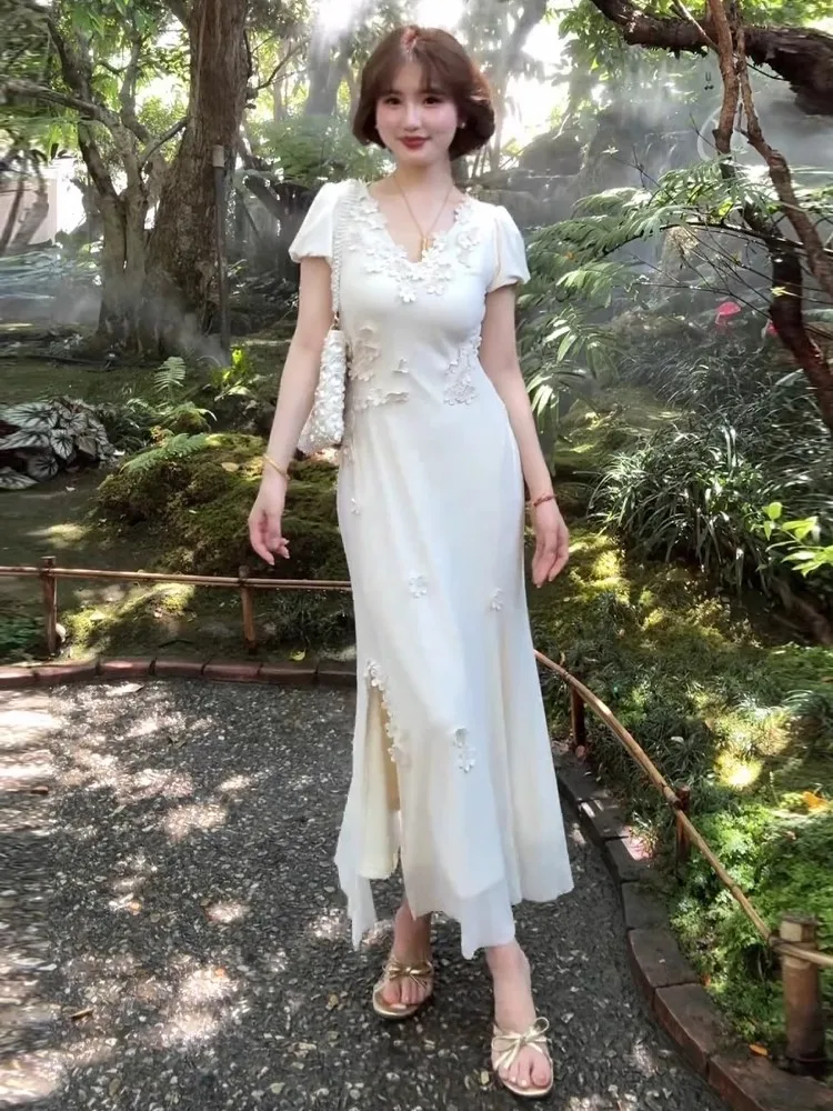 

Ele Summer New Sle Women's Dr 2025 Trendy 3D Flower Embellied Bodycon Fi Tail Skirt ort Sve V-Ne Long Dr