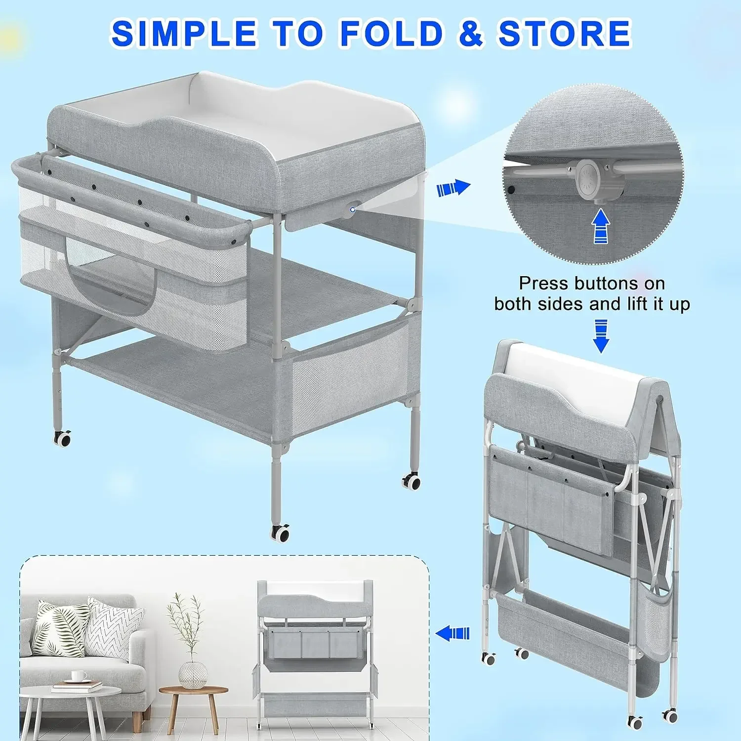 Portable Baby Changing Table, Foldable  Table Dresser   Station, Height Adjustable Waterproof Diaper Changin