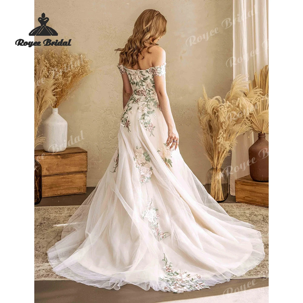 Embroidered Flowers A Line Wedding Dresses 2026 Off The Shoulder Embroidered Beach Bridal Gown Customized Vestido De Novia