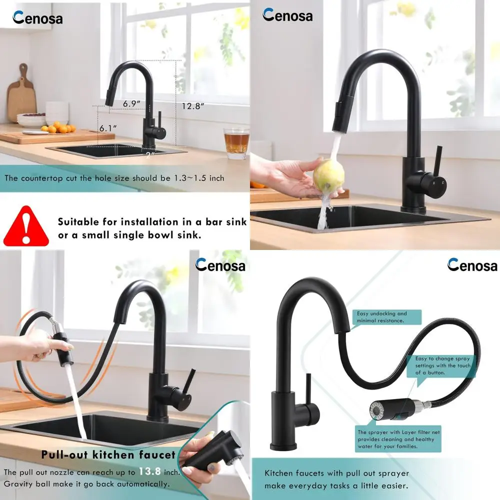 

Matte Black Single Handle Kitchen Sink Faucet with Pull-Out Sprayer, Hot/Cold Water Options