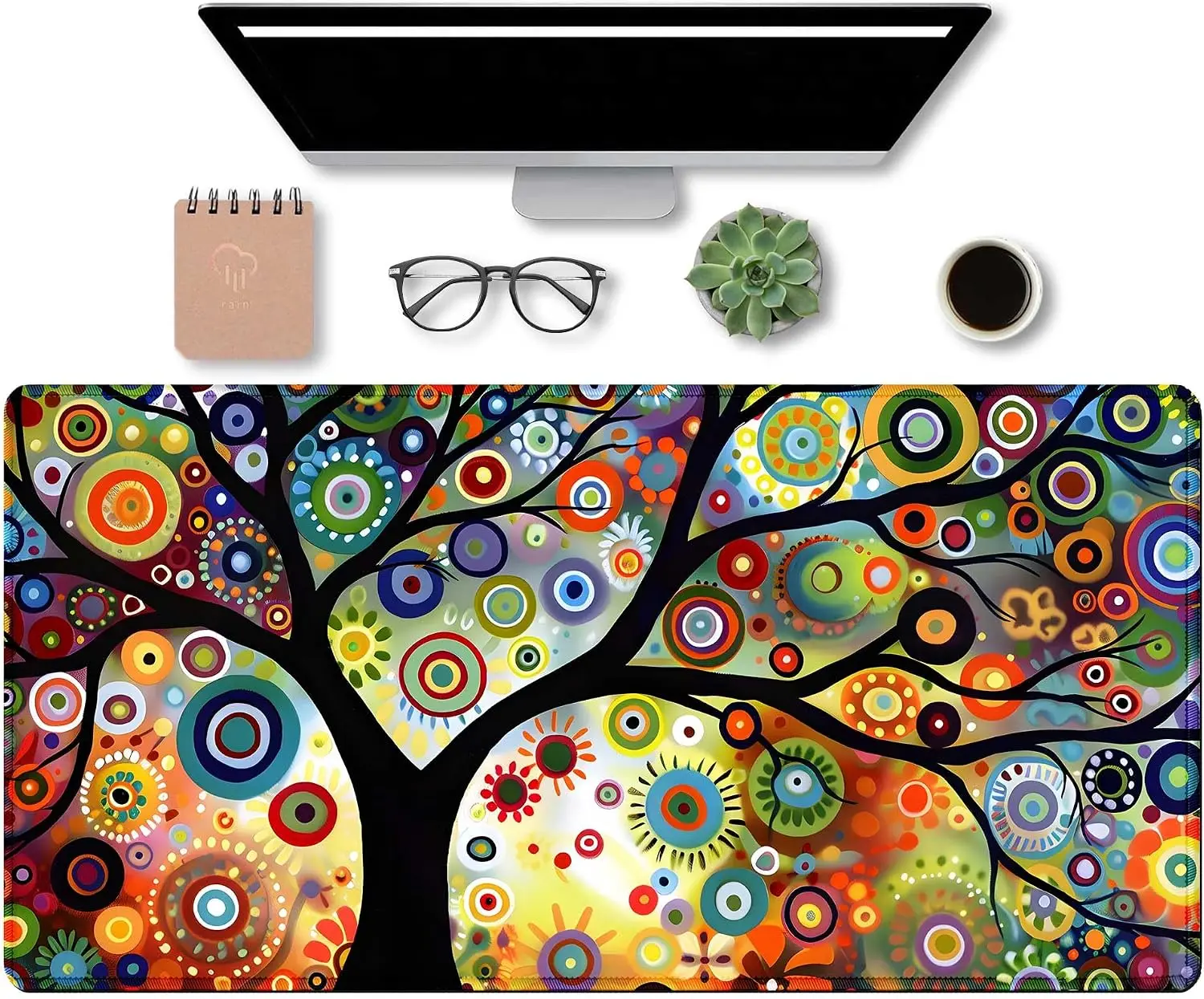 Abstract Folk Art Tree Large Gaming Desk Pad, Colorful Circular Life‑Tree Vivid Art Motif, Non‑Slip Mouse Mat For Laptop PC Home