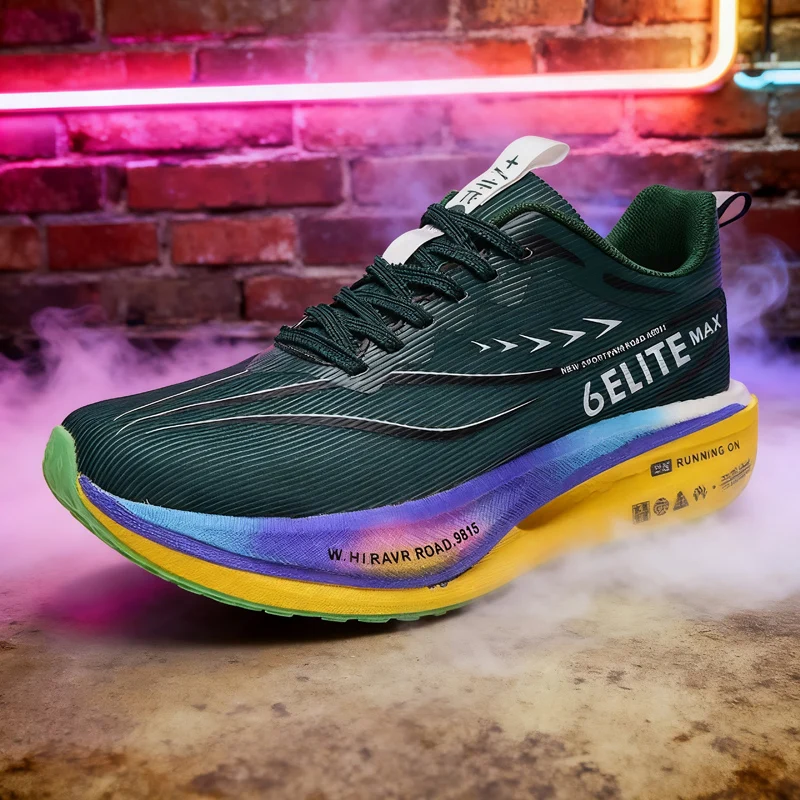 Men's Carbon Plate Sports Shoes Anti-slip Cushioned Elastic Running Sneakers for Couple Teenager Training Lightweight Breathable