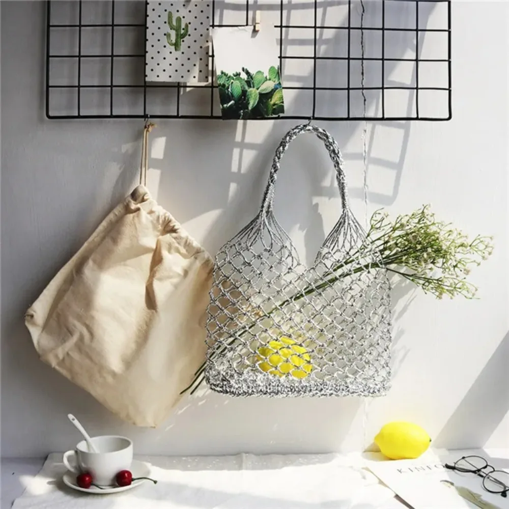 Gold silver 2 color bright paper ropes hollow woven handbag cotton lining straw bag female Reticulate handbag netted beach bag