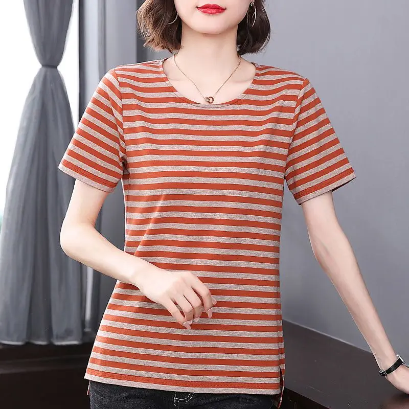 

Women's Clothing Striped Cotton Top Summer Short Sleeve Relaxed Fit Minimalist Round Neck Chic Versatile