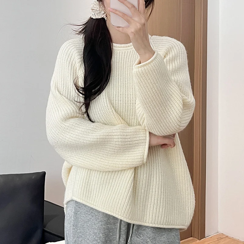 

Осенне-зимний однотонный свободный свитер для женщин, нежный стиль, длинный рукав, круглый вырез, вязаный пуловер, простой повседневный базовый джемпер