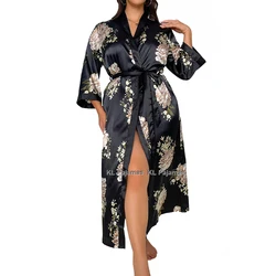 Floral feminino impresso longo cetim robes, roupa de dormir, vestir, vestido de noite, seda robes, super grande, plus size, XL-5XL