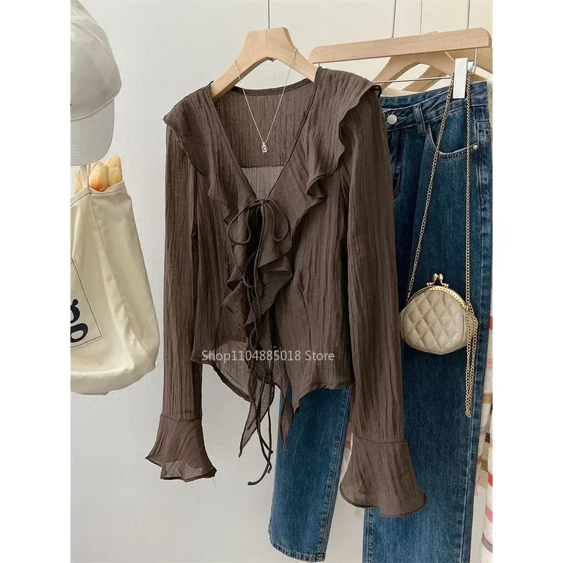 

Ruffle Edge Trumpet Sleeve Women's Blouse Autumn 2025 New Style Korean Version Loose Fit Versatile Cardigan V-Neck Pattern