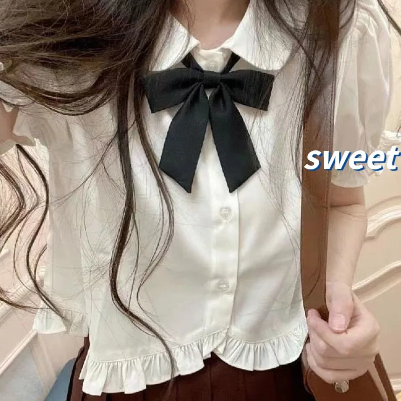 Kawaii JK Preppy Style Shirts Women Crops Sweet Summer Puff Sleeve Harajuku Ruffles Lovely Lolita Casual Holiday Aesthetic Solid