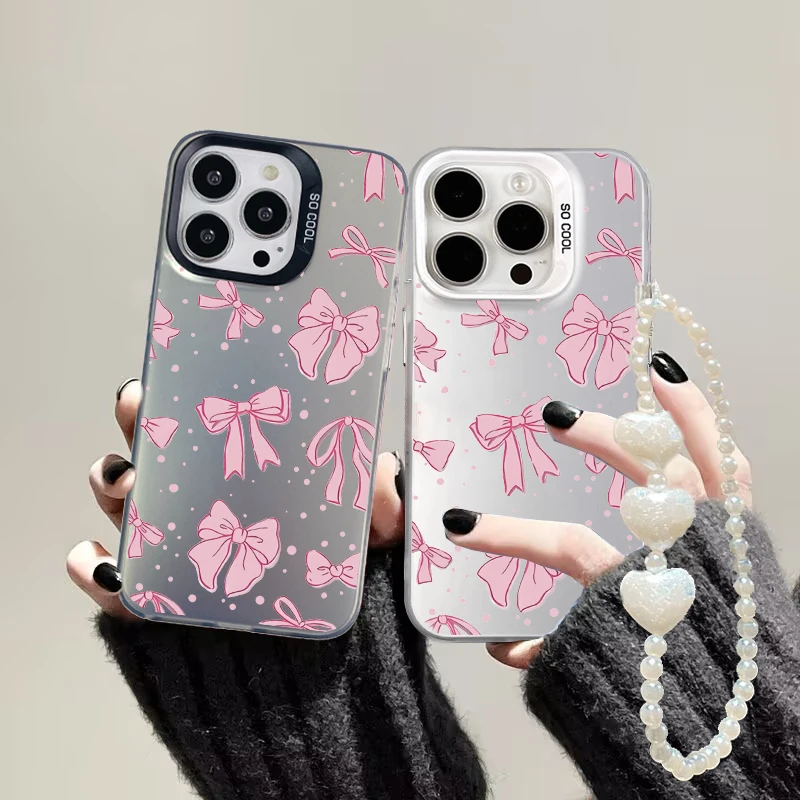 Korean Pink Bow Love Chain Case For Samsung Galaxy S25 S24 S23 S22 Ultra S20 FE S21 Plus A56 A55 A35 A54 A53 Cover Hard S