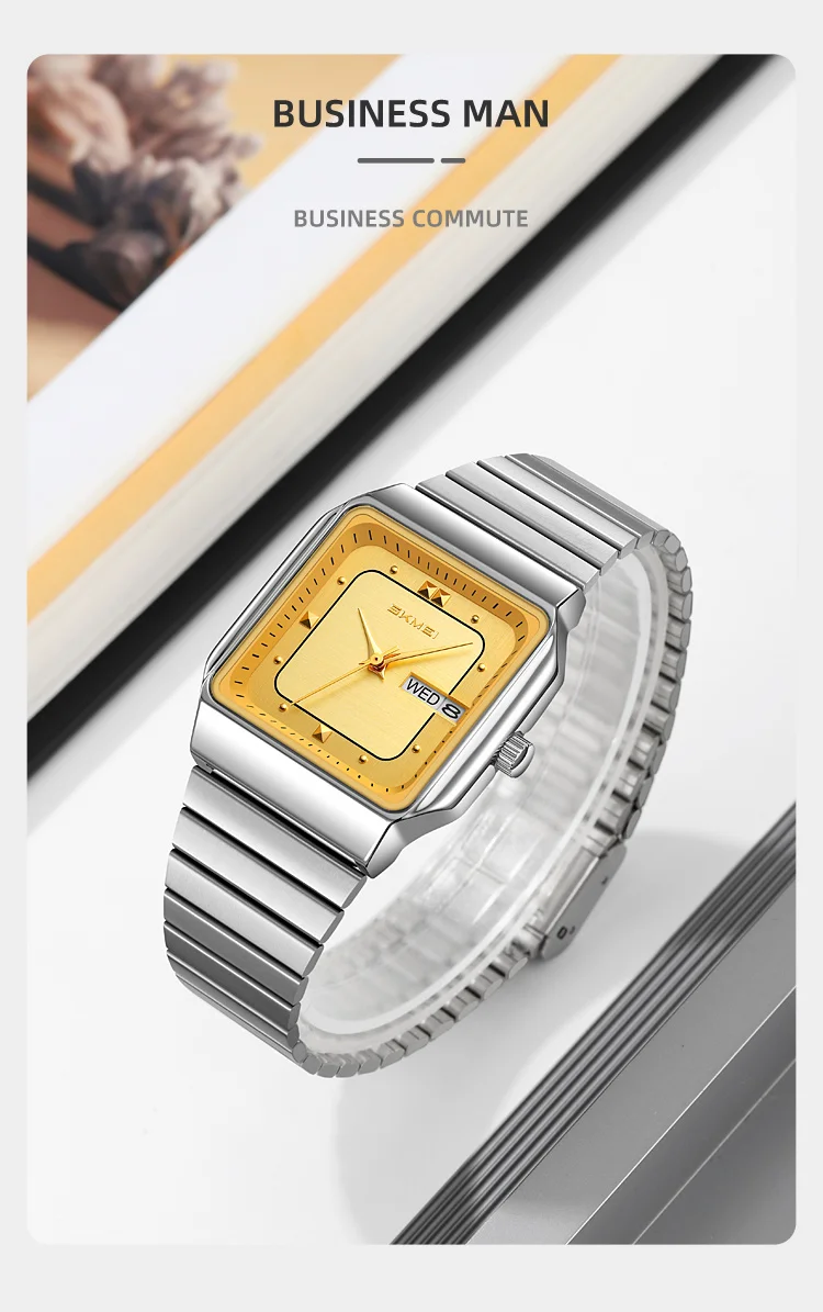 SKMEI 9414 Simple Square Dial Calendar Week Stainless Steel Strap Quartz Watch Men's Waterproof Business Mens Watch Reloj Hombre