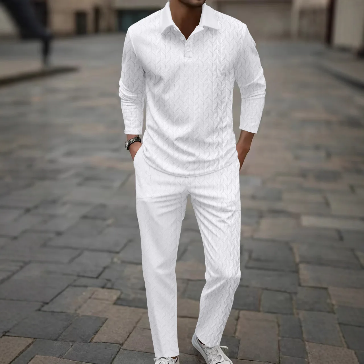 Men's Summer New Casual Threaded Lapel Jacquard Cloth Long-sleeved Polo Shirt and Trousers Set