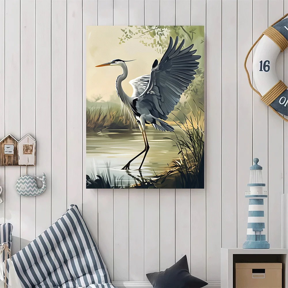 1PC-Canvas poster Unframed  Herons Water Birds Nature Landscape Art Canvas Print  summer