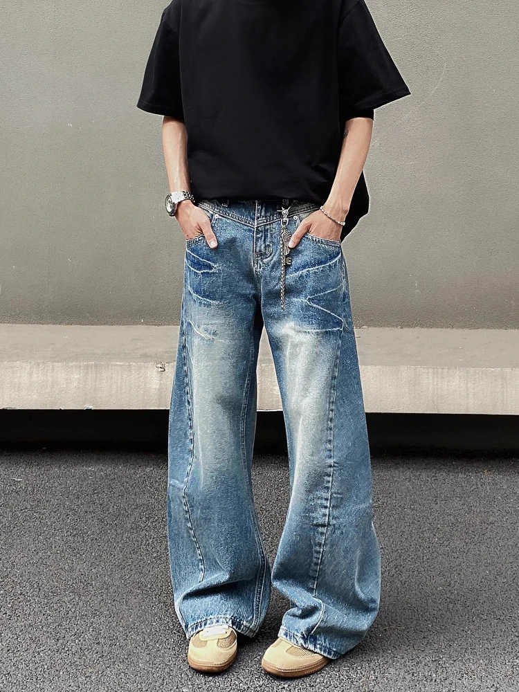 جينز رجالي أمريكي ريترو كلينفيت واسع الساق بتصميم فضفاض مناسب سروال مدبب من قماش الدنيم متعدد الخصر جينز عالي الخصر