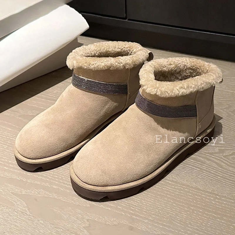 Round Toe Cow Suede Thick Soled Metal Bead Short Boots Women's  Wool Lined Warm Snow Boots Female Winter Anti Slip Ankle Botas